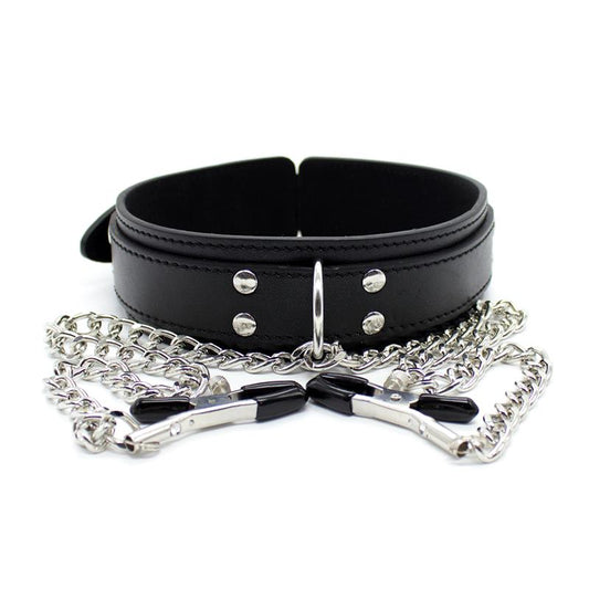 Collar with Nipple Clamps and metal Chain Black Collar with Nipple Clamps and metal Chain Black - UABDSM