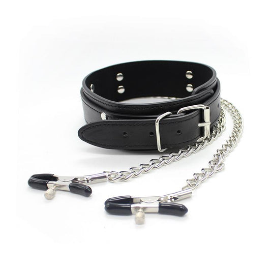 Collar with Nipple Clamps and metal Chain Black - UABDSM