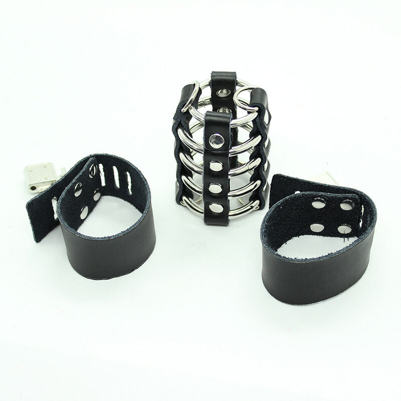 Ohmama Fetish Leather Strap Metal Ring Cock Cage With Ball Divider - UABDSM