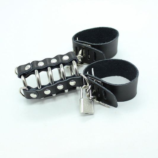 Ohmama Fetish Leather Strap Metal Ring Cock Cage With Ball Divider - UABDSM