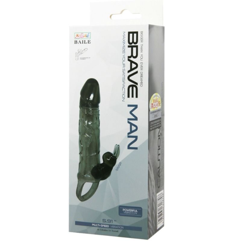 Brave Man Penis Cover With Rabbit Black 16.5 Cm - UABDSM
