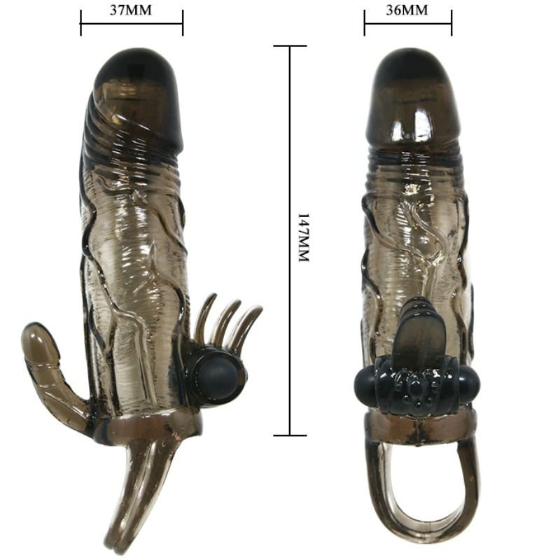 Brave Man Penis Cover With Clit And Anal Stimulation Double Bullet Black 16.5 Cm - UABDSM