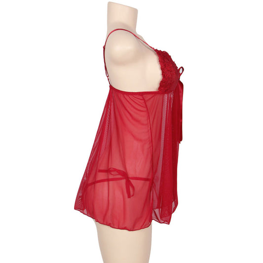 Subblime Queen Plus Babydoll With Bow And Floral Laces Red - UABDSM