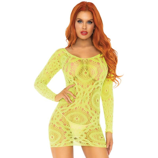 Leg Avenue Crochet Lace Long Sleeve Mini Dress Neon One Size - UABDSM