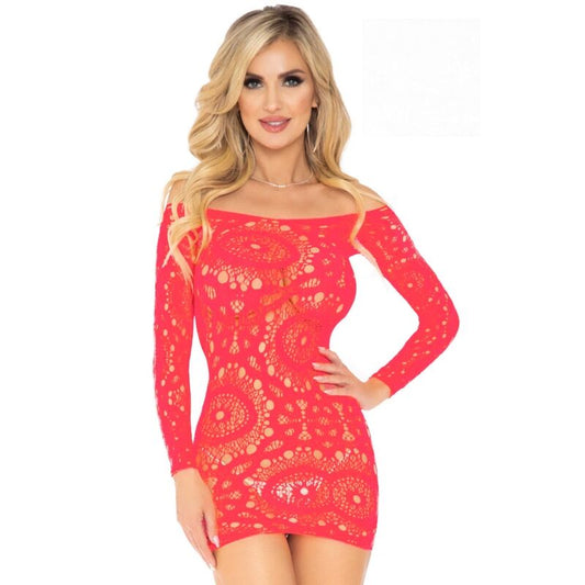 Leg Avenue Crochet Lace Long Sleeve Mini Dress Coral One Size Leg Avenue Crochet Lace Long Sleeve Mini Dress Coral One Size - UABDSM
