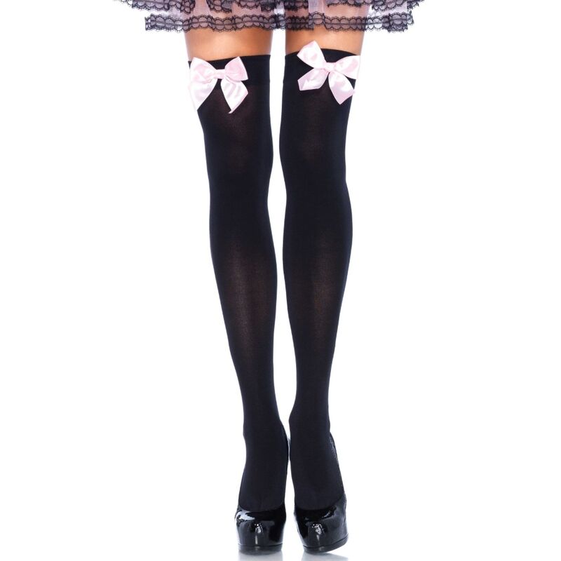 Leg Avenue Black Nylon Thigh Highs With Pink Bow One Size - UABDSM