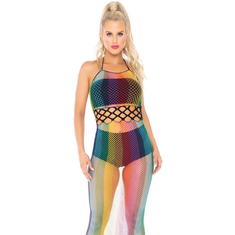 Leg Avenue Long Halter Net Dress One Size - Rainbow - UABDSM