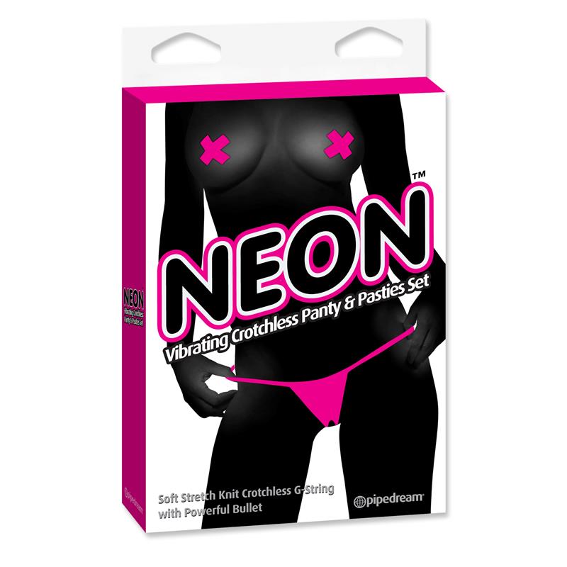 Neon Vibrating Crotchless Panty and Pasties Set Pink - UABDSM