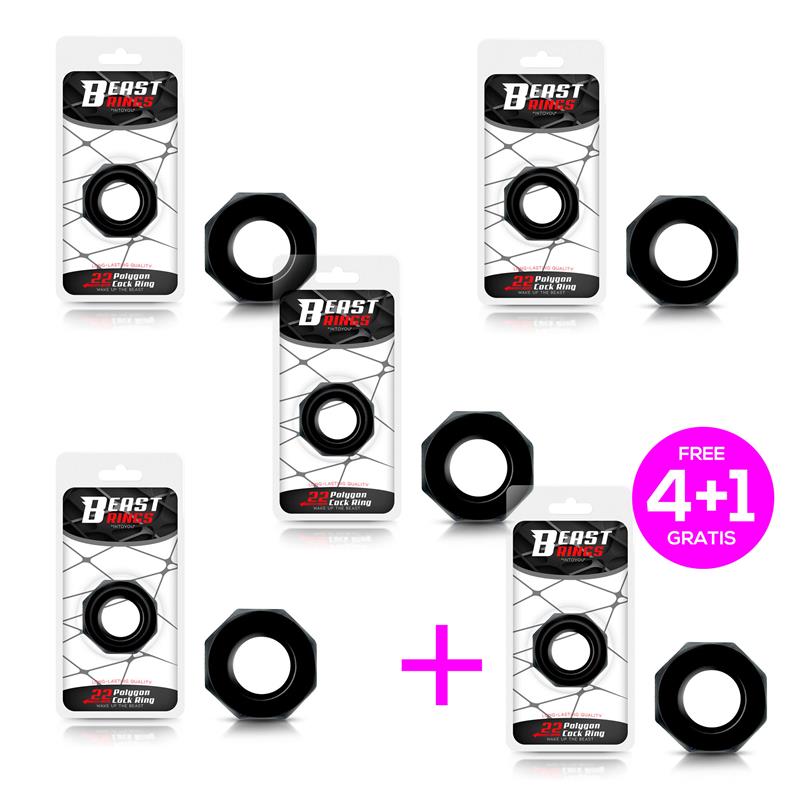 Pack 4+1 Cock Ring Super Flexible Polygonal 2.2 cm Black - UABDSM
