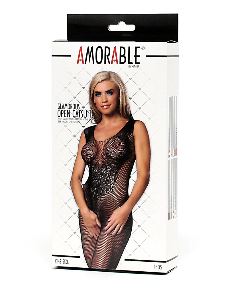 Amorable By Rimba - Open Catsuit With Angel Wings Pattern - One Size - Black - UABDSM
