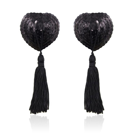 Self-Adhesive Heart Sequin Nipple Cover with Tassel Black Self-Adhesive Heart Sequin Nipple Cover with Tassel Black - UABDSM