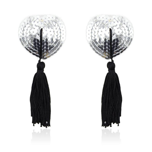 Self-Adhesive Heart Sequin Nipple Cover with Tassel Silver/Black Self-Adhesive Heart Sequin Nipple Cover with Tassel Silver/Black - UABDSM