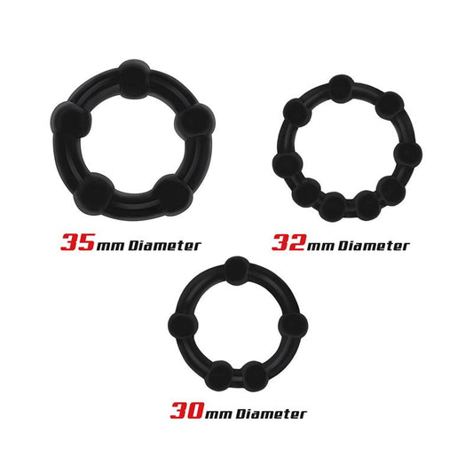 Set of 3 Cock Ring Beaded Flexible Black - UABDSM