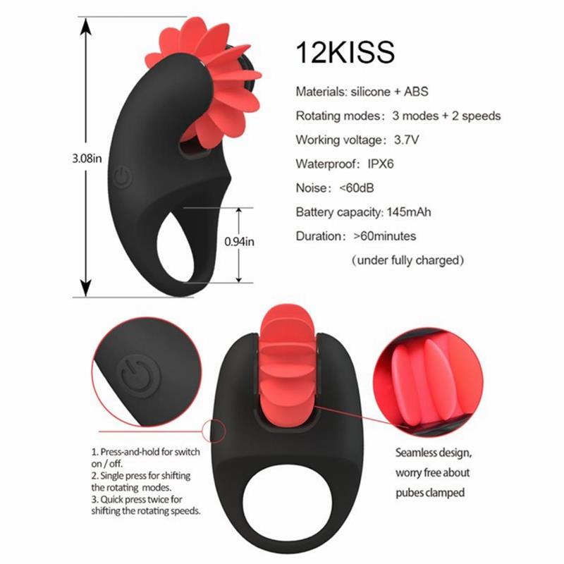 12 Kiss Penis Ring with Rotating Tongue Silicone USB - UABDSM