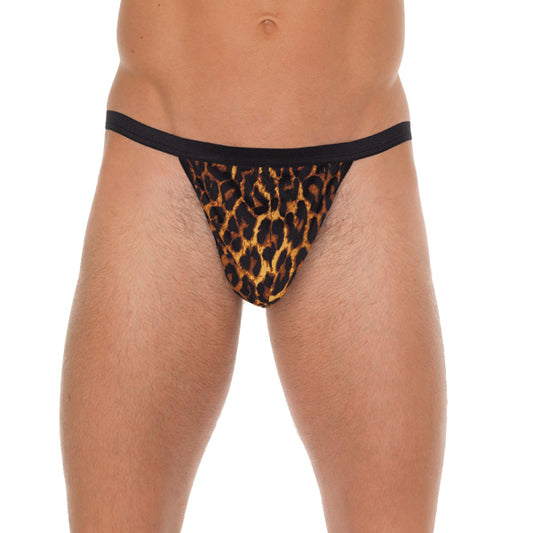 Mens Black G-String With Leopard Print Pouch - UABDSM