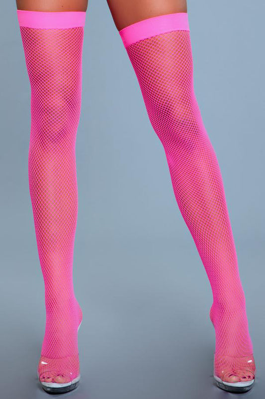Nylon Fishnet Thigh Highs - Neon Pink - UABDSM