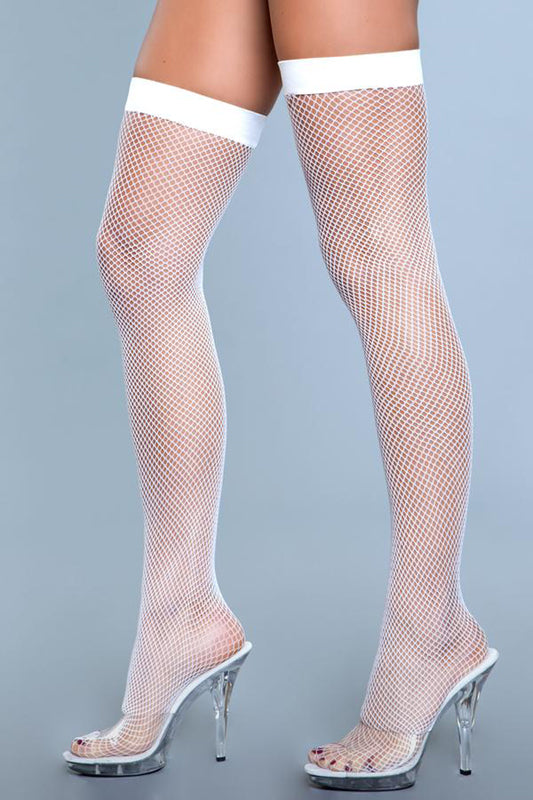 Nylon Fishnet Thigh Highs - White - UABDSM