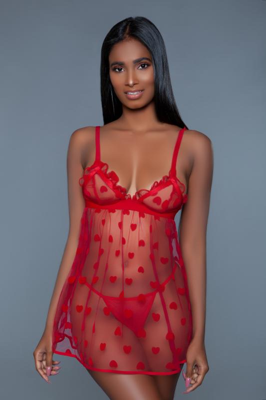 Valentine Sheer Babydoll Set - Red - UABDSM