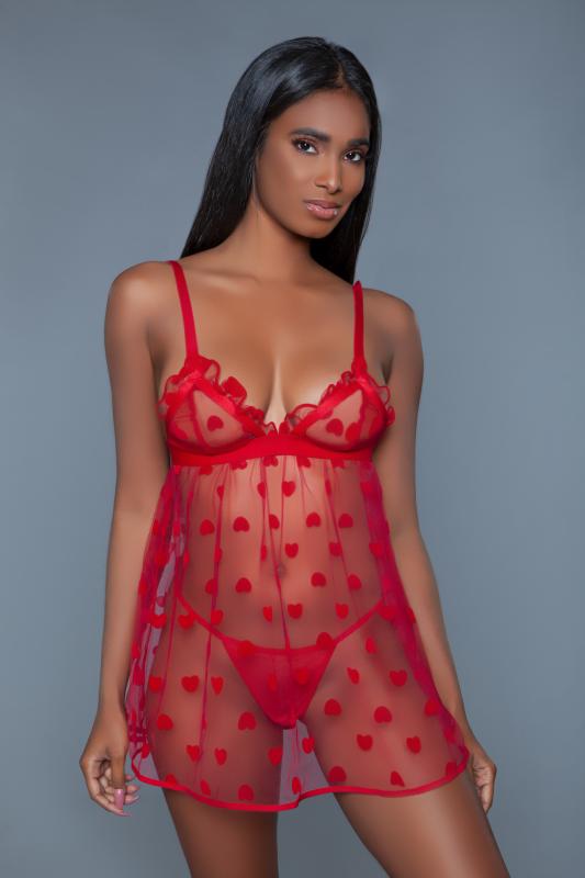 Valentine Sheer Babydoll Set - Red - UABDSM