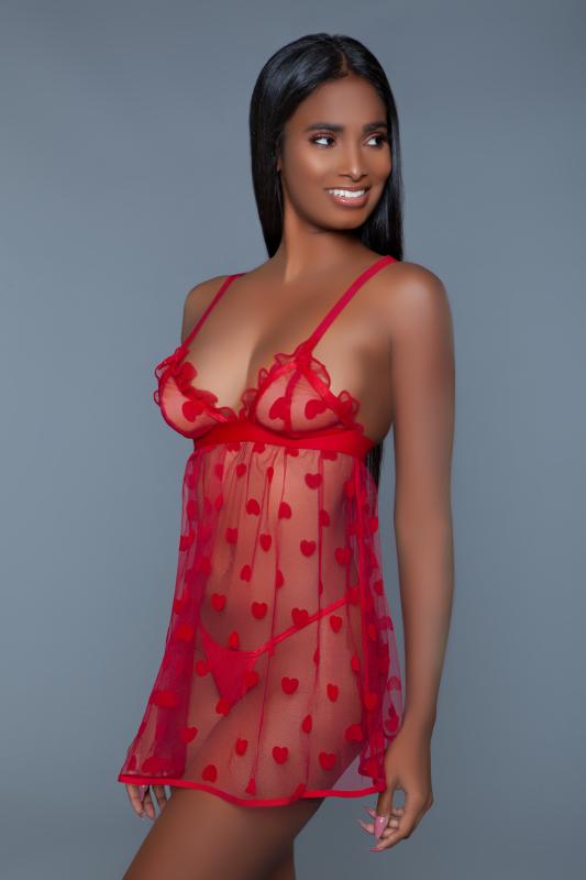 Valentine Sheer Babydoll Set - Red - UABDSM