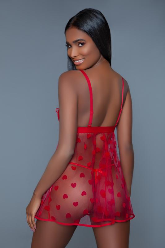 Valentine Sheer Babydoll Set - Red - UABDSM