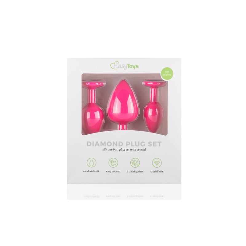 3 Pieces Butt Plug Set with Crystal Silicone Pink - UABDSM