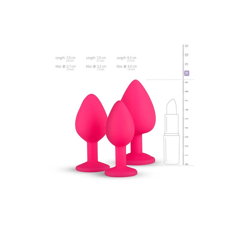 3 Pieces Butt Plug Set with Crystal Silicone Pink - UABDSM