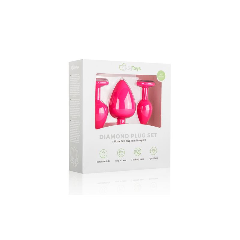 3 Pieces Butt Plug Set with Crystal Silicone Pink - UABDSM