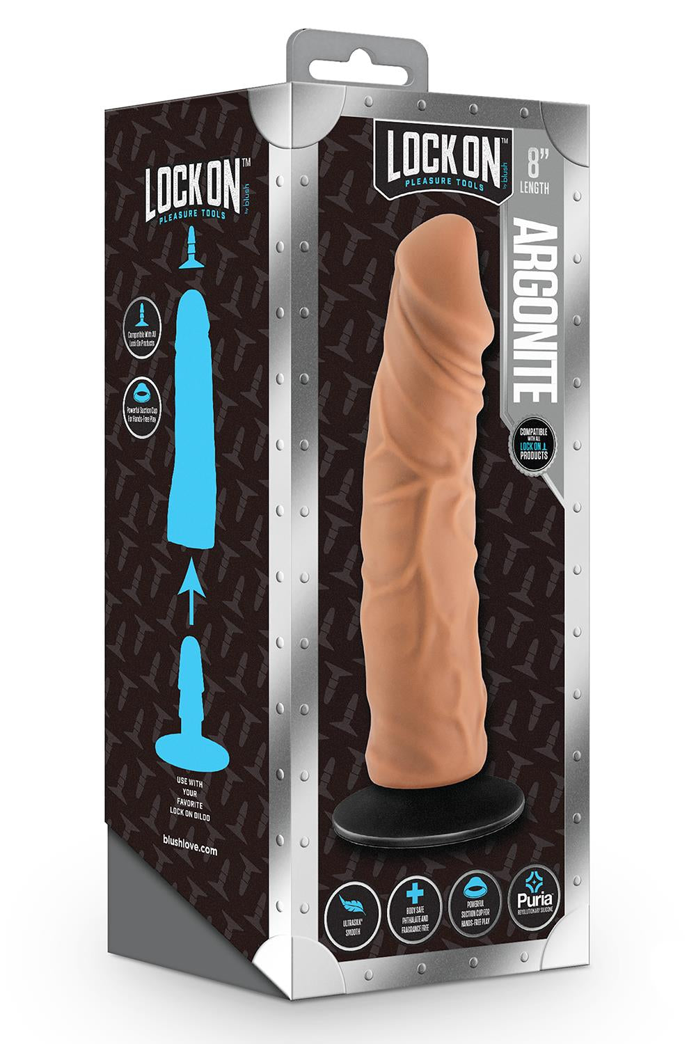 Lock On Argonite 8 Inch Dildo With Suction Cup Adapter Mocha