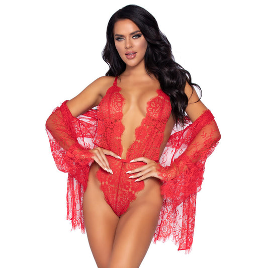 Leg Avenue Floral Lace Teddy and Robe Red - UABDSM