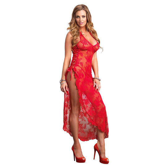 Leg Avenue 2 Piece Rose Lace Long Dress With Lace Side Red - UABDSM