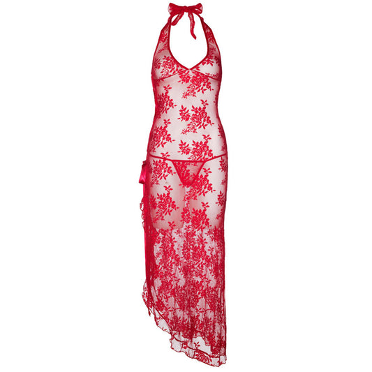 Leg Avenue 2 Piece Rose Lace Long Dress With Lace Side Red - UABDSM