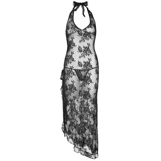 Leg Avenue 2 Piece Rose Lace Long Dress With Lace Side Black - UABDSM