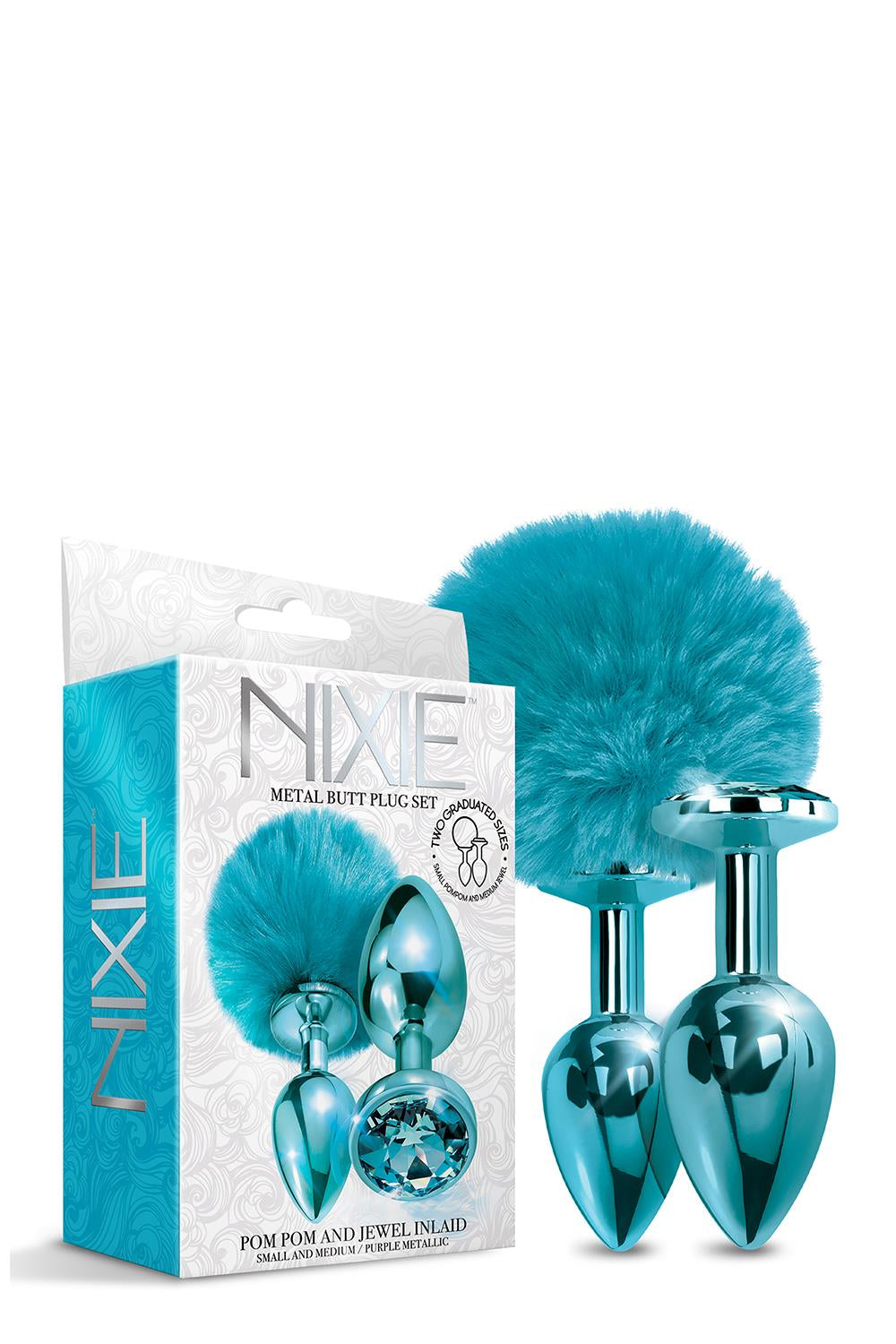 Nixie Metal Butt Plug Set Pom Pom And Jewel Inlaid Blue Metallic