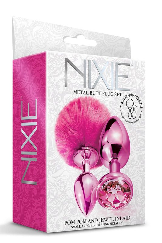 Nixie Metal Butt Plug Set Pom Pom And Jewel Inlaid Pink Metallic