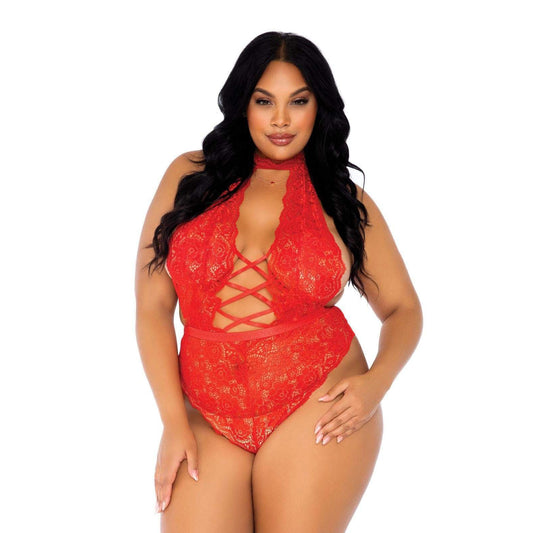 Leg Avenue Floral Lace Crotchless Teddy Red UK 14 to 18 - UABDSM
