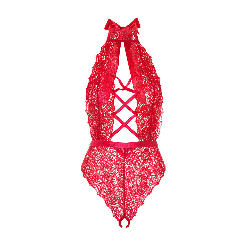 Leg Avenue Floral Lace Crotchless Teddy Red - UABDSM