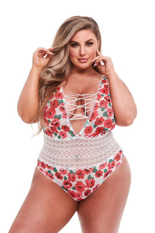 White Floral & Lace Teddy Xl