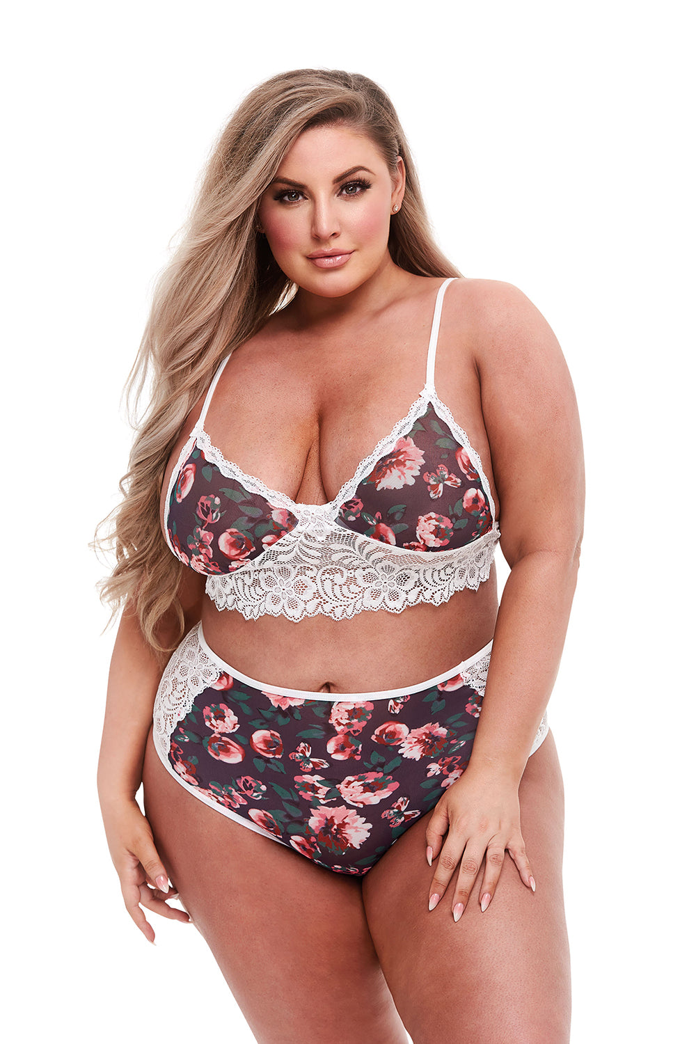 Grey Floral & Lace Bra Set Xl