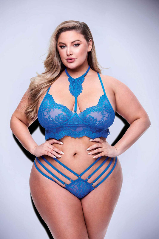 2pc Strappy Lace Bra & Panty Set Blue Queen