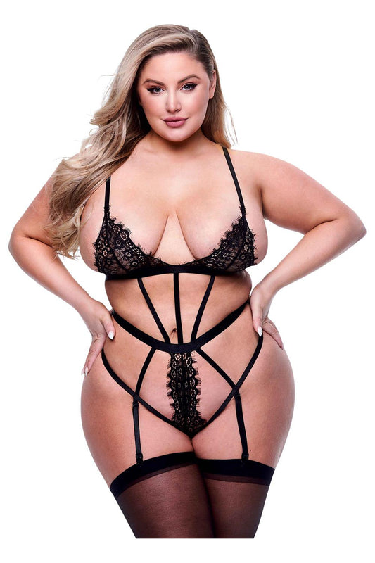 Sexy Strappy Lace Teddy With Garters Black Queen