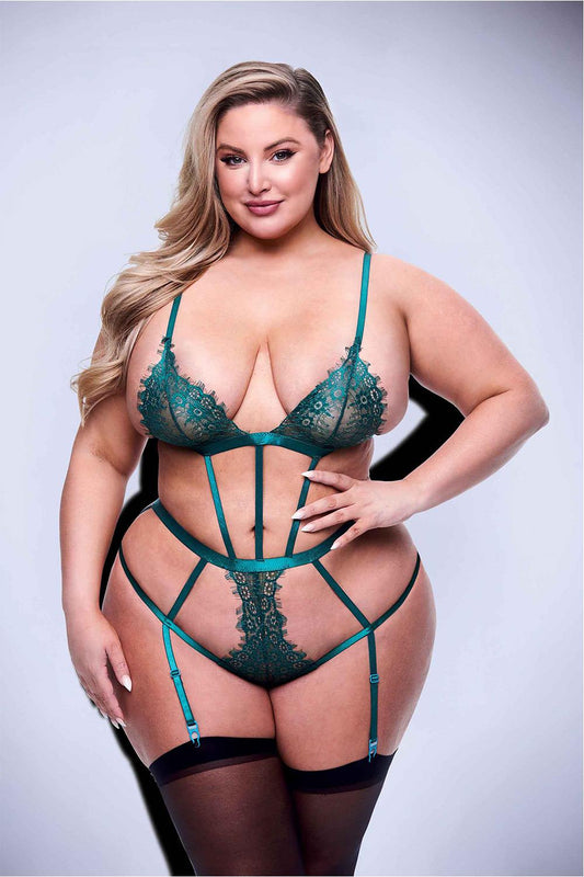 Sexy Strappy Lace Teddy With Garters Green Queen