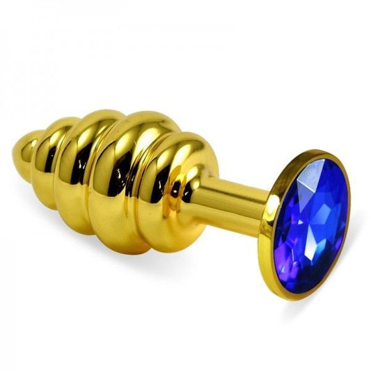 Ribbed Gold Butt Plug With Blue Crystal Rosebud Spiral Metal Plug - UABDSM