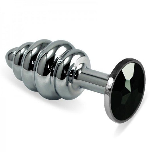 Embossed Butt Plug With Black Stone Rosebud Spiral Metal Plug - UABDSM