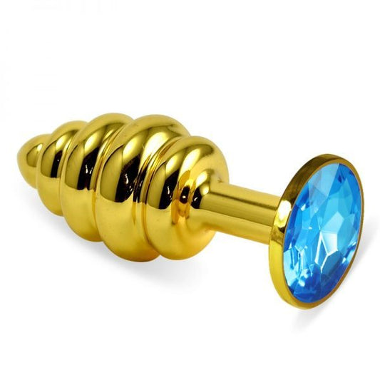 Ribbed Gold Butt Plug With Blue Crystal Rosebud Spiral Metal Plug - UABDSM