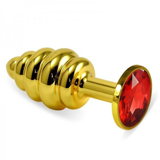 Ribbed Gold Butt Plug With Red Crystal Rosebud Spiral Metal Plug - UABDSM