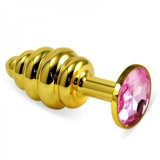 Ribbed Gold Butt Plug With Rosebud Spiral Metal Plug - UABDSM