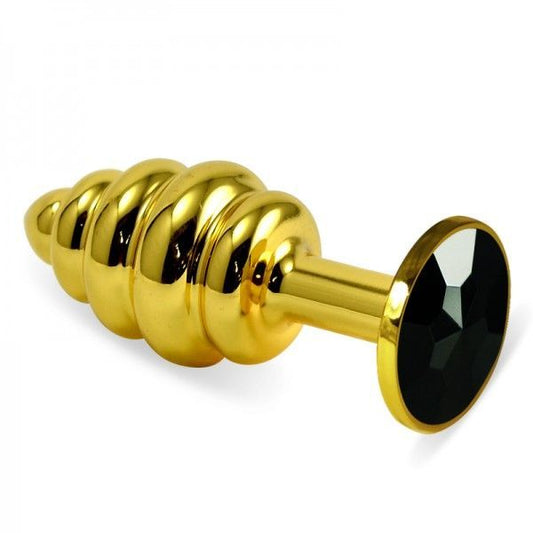 Ribbed Gold Butt Plug With Black Crystal Rosebud Spiral Metal Plug - UABDSM