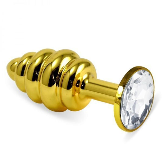 Ribbed Gold Butt Plug With Clear Crystal Rosebud Spiral Metal Plug - UABDSM