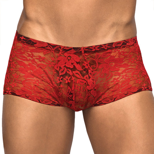 Male Power Stretch Lace Mini Short-Red Large - UABDSM